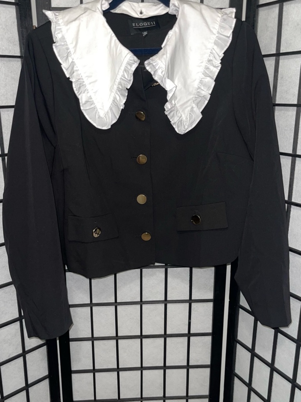 Eloquii Black Jacket with White Ruffled Collar and Gold Buttons